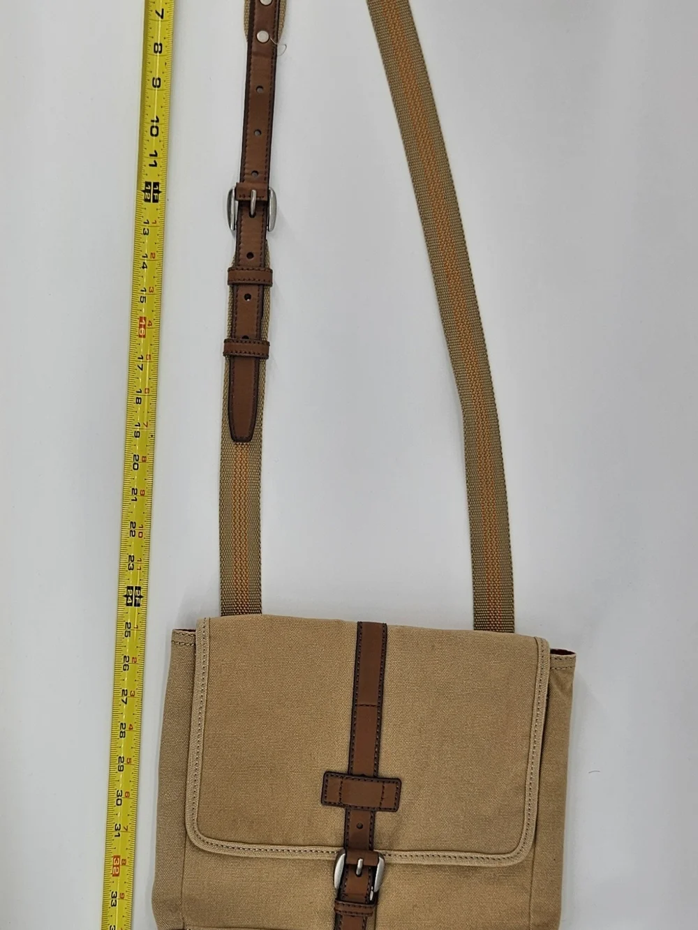 Canvas Fossil Crossbody Messenger Bag - Tan with Brown Faux Leather Trim